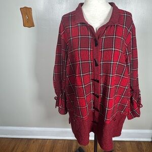 Ali Miles Red Plaid Wire Collar 3/4 Cinched Tie Sleeve Buttoned Top Size Large